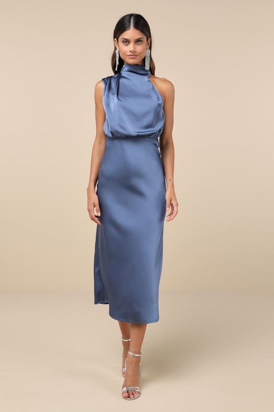 NWT Lulus Distinctive Charm Slate Blue Satin Asymmetrical Midi Dress Wedding M